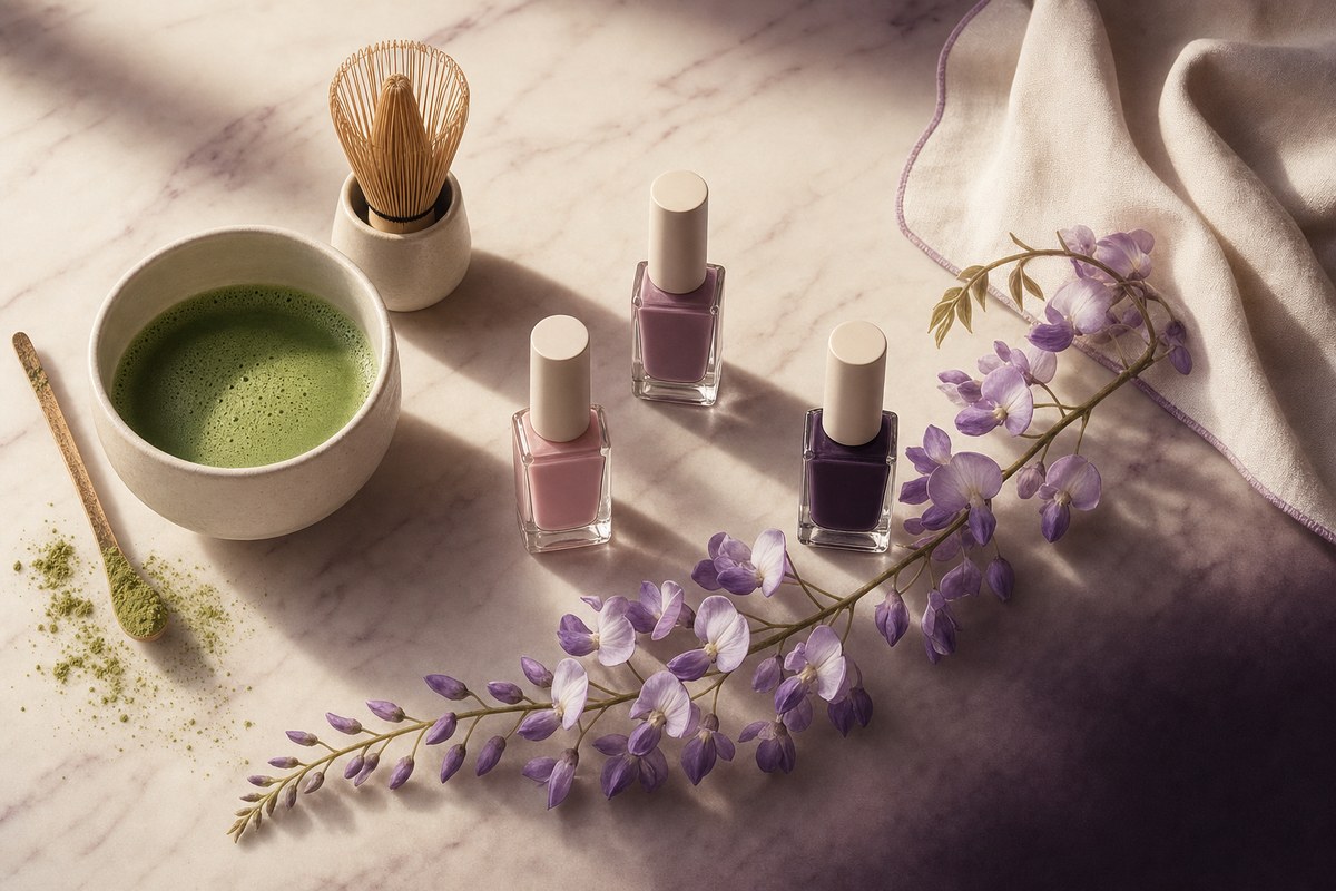 Editorial luxury flat-lay for Lavande Nails and Café in Legaspi Village, Makati — a matcha bowl with bamboo whisk, three unbranded polish bottles in blush, mauve, and deep aubergine, and a cascading wisteria stem, arranged on a blush cream marble surface with warm mauve veining